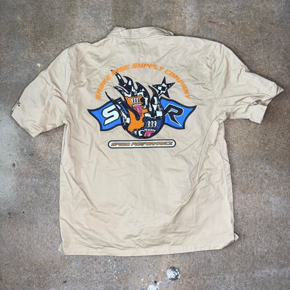 Smoke Rise SR Moto Men’s Large Khaki Racing Work Shirt Patch Button Up